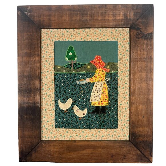 HANDMADE Wooden Framed Fabric Quilt pattern Country Farm Folk Wall Art - Picture 1 of 13